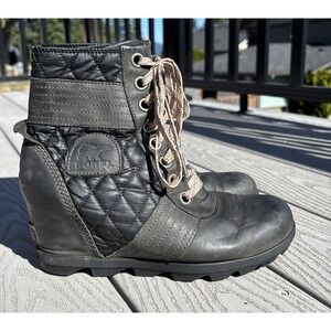 Sorel Boots Size US 8.5 Green Lexie Wedge Quilted Lug Sole Leather 3375-026